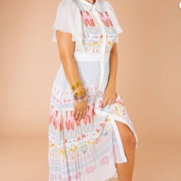 NWOT Beulah Style Bird Floral Button Up Pleated Midi Dress SMALL - Picture 1 of 8